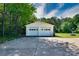 Detached two-car garage with white doors and ample parking space, set against a backdrop of lush trees and greenery at 904 Sunbeam Dr, Lincolnton, NC 28092