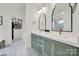 Elegant bathroom with double vanity, modern fixtures, and unique patterned tile floor at 908 Gardenia St, Fort Mill, SC 29708