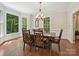 Bright dining room featuring hardwood floors, a decorative chandelier, and a bay window overlooking the outdoor scenery at 2313 Beechwood Dr, Waxhaw, NC 28173