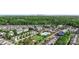 An aerial view showcasing a vibrant community, a playground, and a swimming pool amidst lush greenery at 3214 Park South Station Blvd, Charlotte, NC 28210