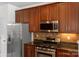 Close-up of the stainless steel appliances, cabinets, and tile backsplash in the kitchen at 3214 Park South Station Blvd, Charlotte, NC 28210