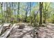 Backyard fire pit with stone pavers, log seating, and surrounding woods at 6921 Thermal Rd, Charlotte, NC 28211