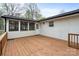 Exterior view featuring a wood deck with white siding overlooking the fenced backyard at 908 Woodside Dr, Kings Mountain, NC 28086