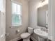Powder room with pedestal sink, toilet and a window at 11939 Fiddlers Roof Ln, Charlotte, NC 28277