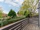 View of a wooden deck surrounded by lush greenery and trees on a sunny day at 11939 Fiddlers Roof Ln, Charlotte, NC 28277