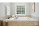 Bright bathroom featuring a soaking tub with block glass window and a relaxing ambiance at 7268 Kiskadee Dr, Denver, NC 28037