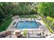 Aerial view of a backyard featuring a pool, patio, fire pit, and lush greenery at 7944 Park Rd, Charlotte, NC 28210