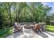 Inviting backyard fire pit area with stone accents, comfortable seating, and lush green surroundings at 7944 Park Rd, Charlotte, NC 28210