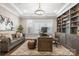 Stylish office space with custom built-ins, comfortable leather sofa, and lots of natural light at 7944 Park Rd, Charlotte, NC 28210