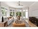 Sun-filled living room with bay windows, modern furniture, and a stylish area rug at 15603 Mccullers Ct, Charlotte, NC 28277