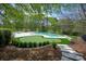 Backyard featuring a pool, putting green, privacy landscaping, and a tree-lined view beyond at 15603 Mccullers Ct, Charlotte, NC 28277