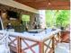 Inviting outdoor living space featuring a brick wall, mounted TV and a comfortable seating area at 1814 Woods Ln, Denver, NC 28037