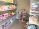 Tidy walk-in closet provides ample shelving space, ideal for toy storage, and keeping a room organized at 1814 Woods Ln, Denver, NC 28037
