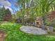 Landscaped backyard features a stone fireplace, basketball hoop and seating area at 4400 Sharon View Rd, Charlotte, NC 28226