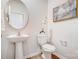 Powder room featuring pedestal sink, round mirror, and decorative accents at 6427 Mallow Crossing Ln, Charlotte, NC 28213