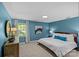Comfortable bedroom with blue walls, white bedding and curtains, and neutral carpet at 9607 Stoney Hill Ln, Charlotte, NC 28277