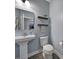 Stylishly designed powder room features pedestal sink, decorative shelves, and modern fixtures at 1018 Hinson Forest Rd, Monroe, NC 28110
