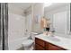 Bathroom featuring a shower/tub and single sink vanity with a neutral color palette at 12905 Bullock Greenway Blvd, Charlotte, NC 28277