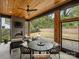 Enclosed patio with fireplace, wood ceiling, stone flooring, and outdoor dining area at 1523 Saint George St, Charlotte, NC 28205
