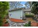 Serene backyard featuring a stone pathway leading to a covered patio, surrounded by lush greenery and mature trees at 1801 Wilmore Dr, Charlotte, NC 28203