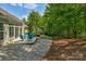 Spacious gravel backyard with a patio, backing onto a lush treeline at 2136 Ashley River Rd, Waxhaw, NC 28173