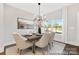 Elegant dining room with a stylish chandelier, a modern table setting, large windows and wood flooring at 218 Lacewing Dr # 41, Charlotte, NC 28214