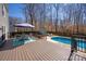 Inviting backyard with in-ground pool, lounge chairs, dining set and beautiful deck and yard at 2532 Annecy Dr, Matthews, NC 28105