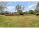Vast backyard with green grass, mature trees, and a rustic shed, offering ample space for recreation and storage at 424 Mirror Lake Rd, Salisbury, NC 28146