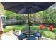 Outdoor patio with a metal table, seating for four, and an umbrella for shade at 7515 Shadowstone Dr, Charlotte, NC 28270