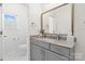 Bathroom with modern fixtures, a gray vanity, and a well-lit mirror at 9914 Ainslie Downs St, Charlotte, NC 28273