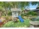 Backyard play area with a playhouse, slide, swing set, and seating at 10315 Washam Potts Rd, Cornelius, NC 28031