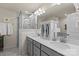 Bathroom with double sinks, modern fixtures, stylish vanity, and walk-in glass shower at 1354 Galloway Rd, Charlotte, NC 28262