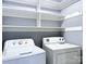 Functional laundry area with washer, dryer, and open white shelving for storage at 6430 Farmingdale Dr, Charlotte, NC 28212