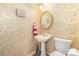 Powder room with unique wallpaper and pedestal sink at 6615 Wickville Dr, Charlotte, NC 28215