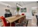 Comfortable dining space with a wooden table, red velvet chairs, floral rug, and stylish bar cabinet at 8209 Bella Vista Ct, Charlotte, NC 28216