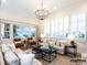 Bright living room with large windows, plantation shutters, and modern chandelier at 8805 Wingard Dr, Waxhaw, NC 28173