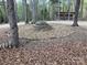 Picturesque stone fire pit surrounded by trees and a wooden chicken coop in background at 13079 Philadelphia Church Rd, Oakboro, NC 28129