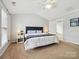 Bright primary bedroom features carpet, ceiling fan, and ensuite bath at 15643 Canmore St, Charlotte, NC 28277