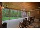Covered porch featuring wood ceiling, brick accents, rocking chairs, and views of the wooded backyard at 4637 Gold Finch Dr, Denver, NC 28037