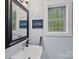Chic powder room featuring a modern sink, minimalist mirror, and a decorative painting at 4637 Gold Finch Dr, Denver, NC 28037