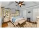 Spacious main bedroom features a tray ceiling, hardwood floors, neutral walls, and two windows at 481 Patriot Ne Ct, Concord, NC 28025