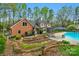 Beautifully landscaped backyard with a swimming pool, lounge chairs, and lush greenery for outdoor enjoyment at 5750 Hemby Rd, Matthews, NC 28104