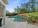 Beautiful kidney-shaped pool with stone surround, lush landscaping, and a red patio umbrella at 8618 Whitehawk Hill Rd, Waxhaw, NC 28173