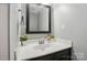 Bathroom featuring a stylish mirror, sink, and sleek fixtures with a dark vanity at 9036 Four Mile Creek Rd, Charlotte, NC 28277