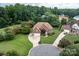 Aerial view of a well-manicured home with a circular driveway and lush landscaping at 9427 Bethesda Ct, Matthews, NC 28104