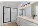 Bathroom with a glass-enclosed shower, white cabinets, granite countertops and black hardware at 120 Southern Oaks Ln, Salisbury, NC 28147