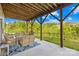 Outdoor covered patio with wicker furniture, offering a cozy seating area with a scenic view of the surrounding trees at 12305 Stinson Ct, Charlotte, NC 28277