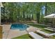 Private backyard with a swimming pool, lounge chairs, mature trees, and ample space for outdoor enjoyment at 181 Glynwater Dr, Mooresville, NC 28117