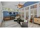 Cozy sunroom with a fireplace, comfortable seating, tiled floors, and large windows overlooking the backyard at 181 Glynwater Dr, Mooresville, NC 28117
