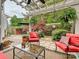 Comfortable red seating on brick patio with surrounding garden at 2516 Middlebridge Ln, Charlotte, NC 28270